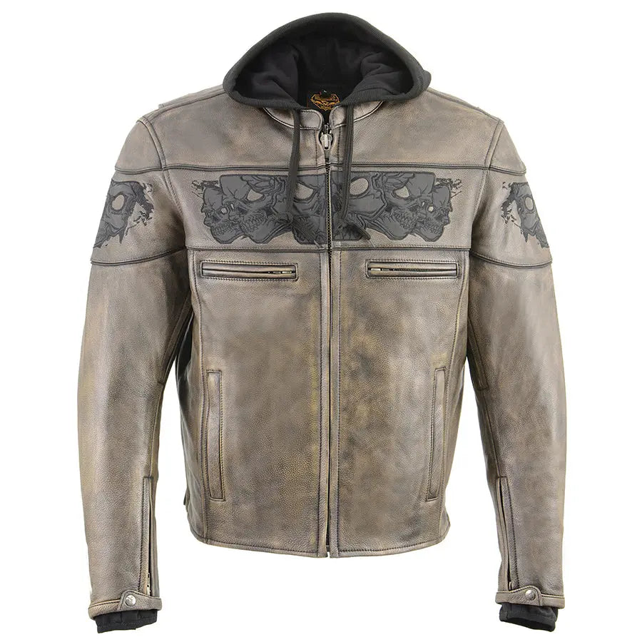 Blouson de moto Milwaukee Leather pour homme, coupe crossover, marron vieilli, avec crânes réfléchissants