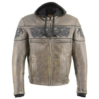 Blouson de moto Milwaukee Leather pour homme, coupe crossover, marron vieilli, avec crânes réfléchissants