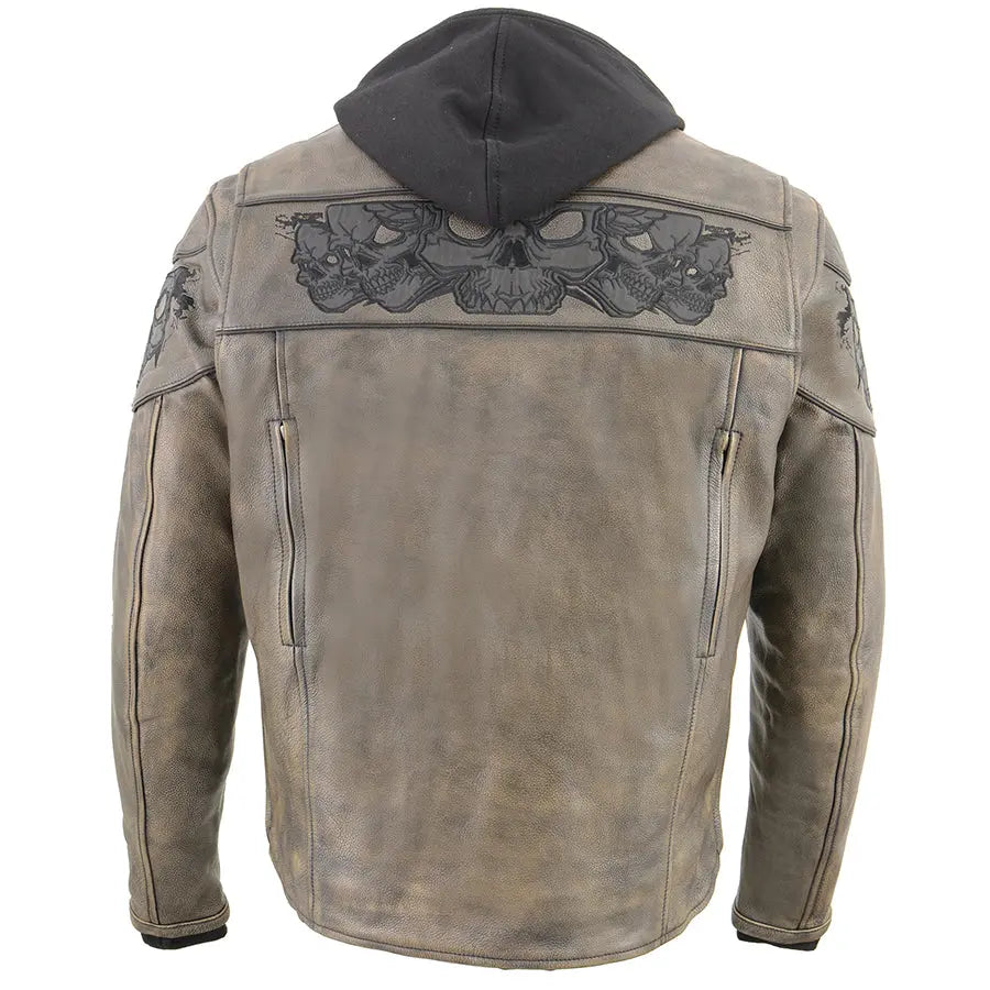 Blouson de moto Milwaukee Leather pour homme, coupe crossover, marron vieilli, avec crânes réfléchissants