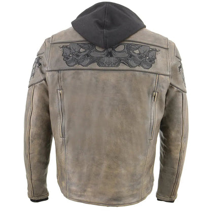 Blouson de moto Milwaukee Leather pour homme, coupe crossover, marron vieilli, avec crânes réfléchissants