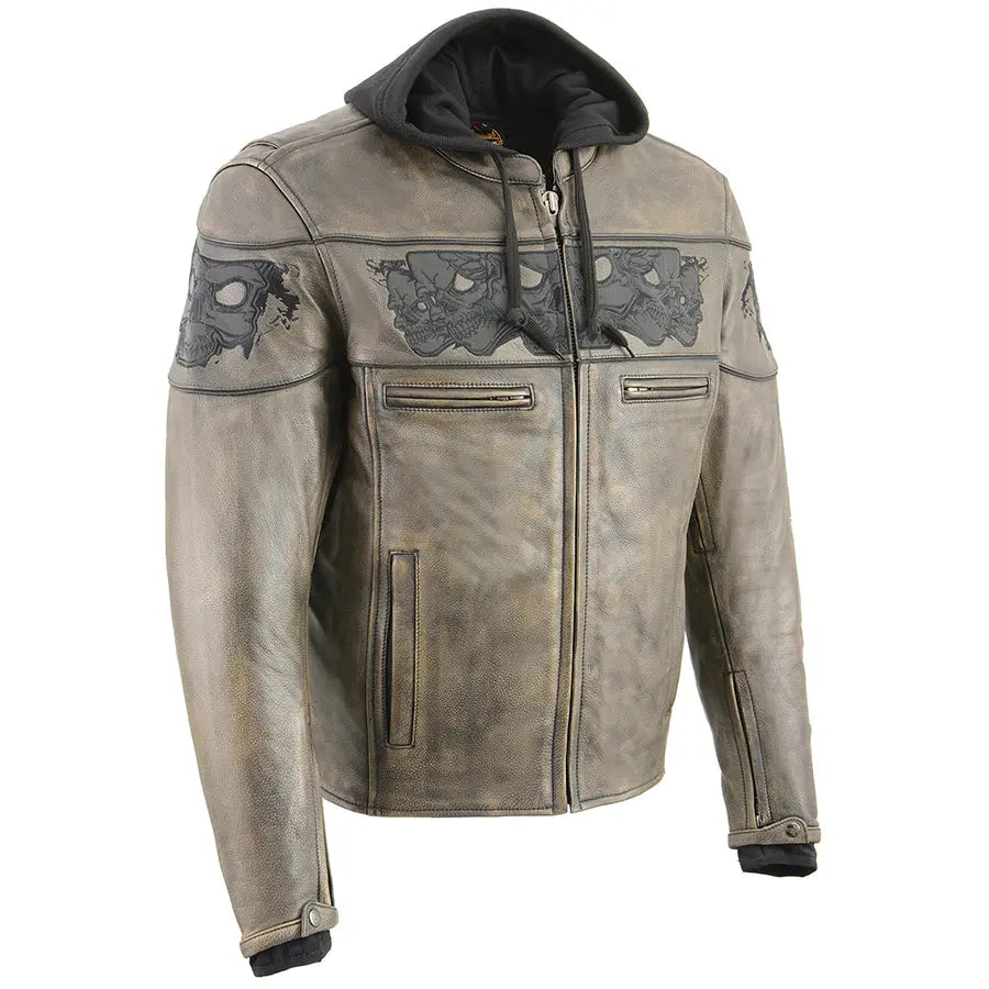 Blouson de moto Milwaukee Leather pour homme, coupe crossover, marron vieilli, avec crânes réfléchissants