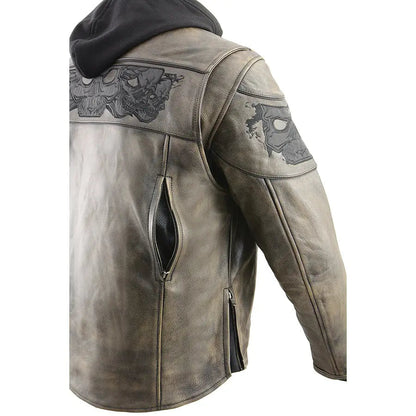 Blouson de moto Milwaukee Leather pour homme, coupe crossover, marron vieilli, avec crânes réfléchissants