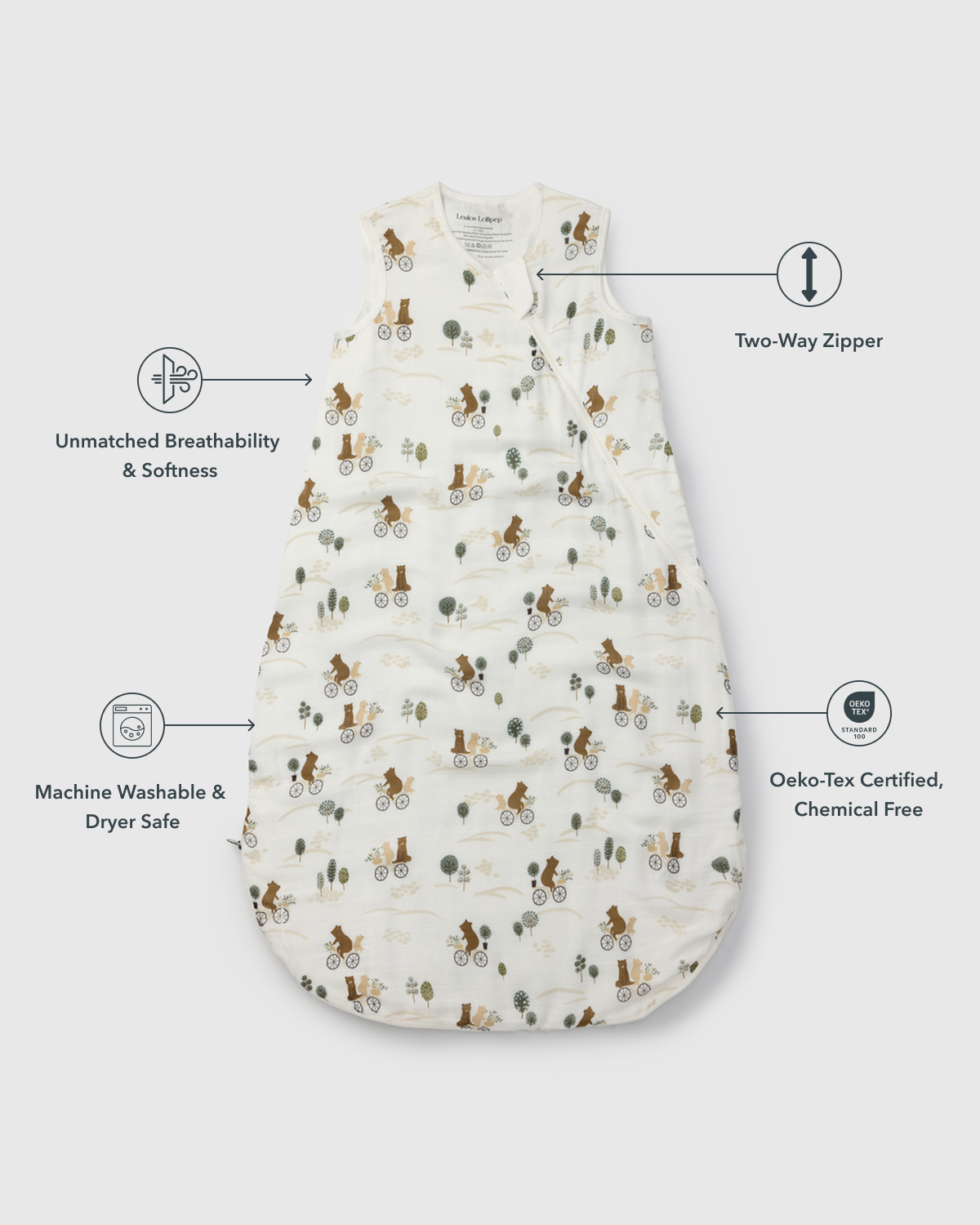 Baby Bamboo Muslin Sleep Bag 0.5 TOG - Bears on Bikes