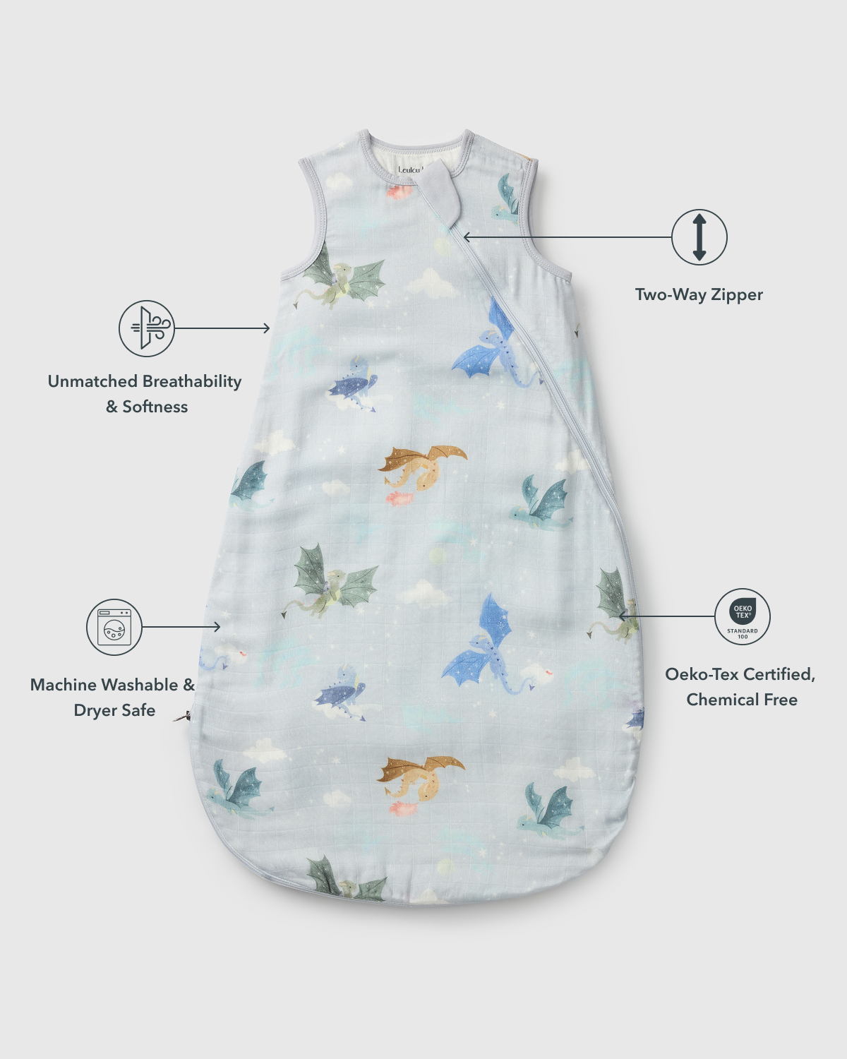 Baby Bamboo Muslin Sleep Bag 0.5 TOG - Magical Dragons