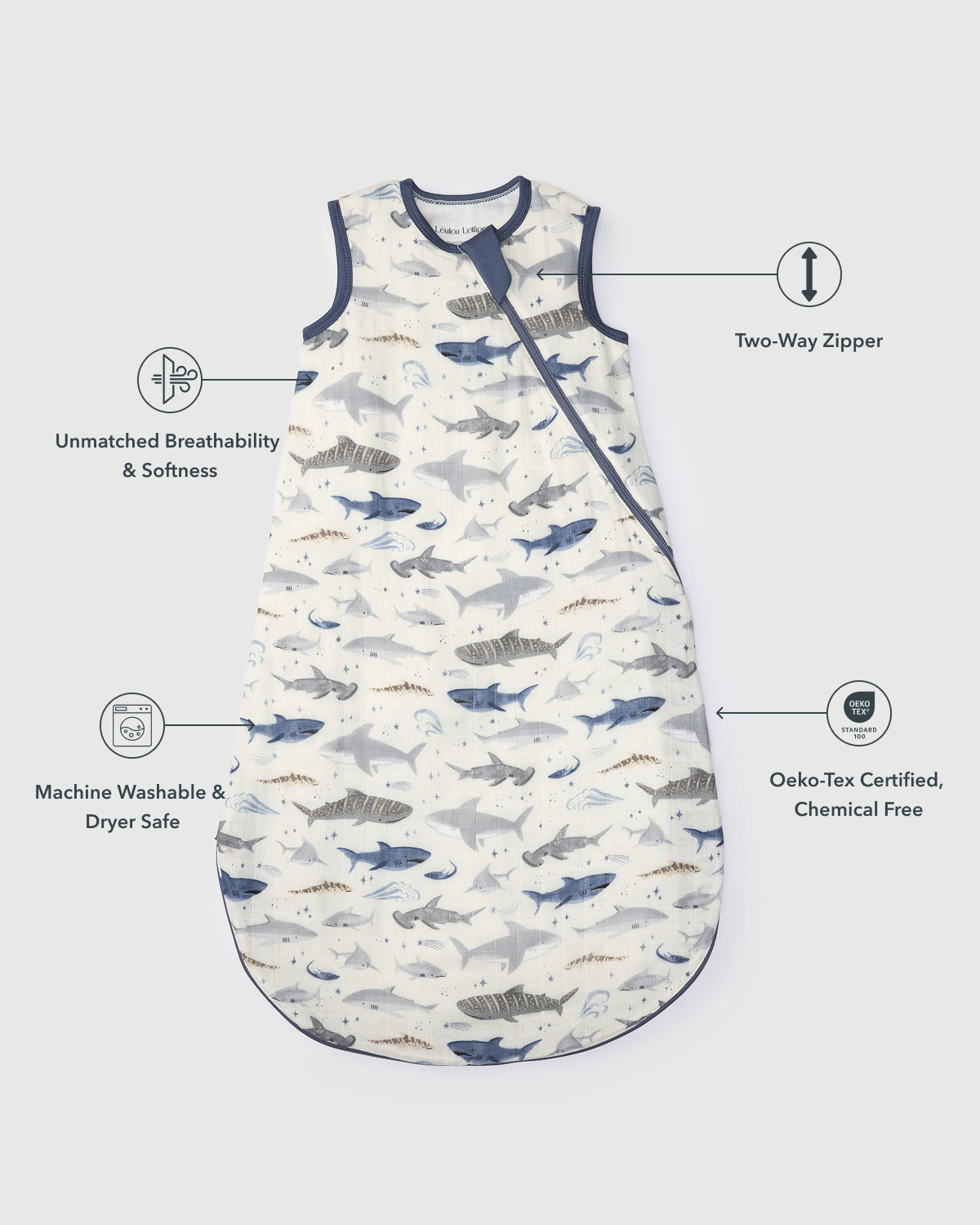 Baby Bamboo Muslin Sleep Bag 0.5 TOG - Smiley Sharks