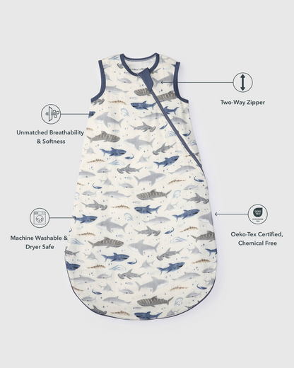 Baby Bamboo Muslin Sleep Bag 0.5 TOG - Smiley Sharks