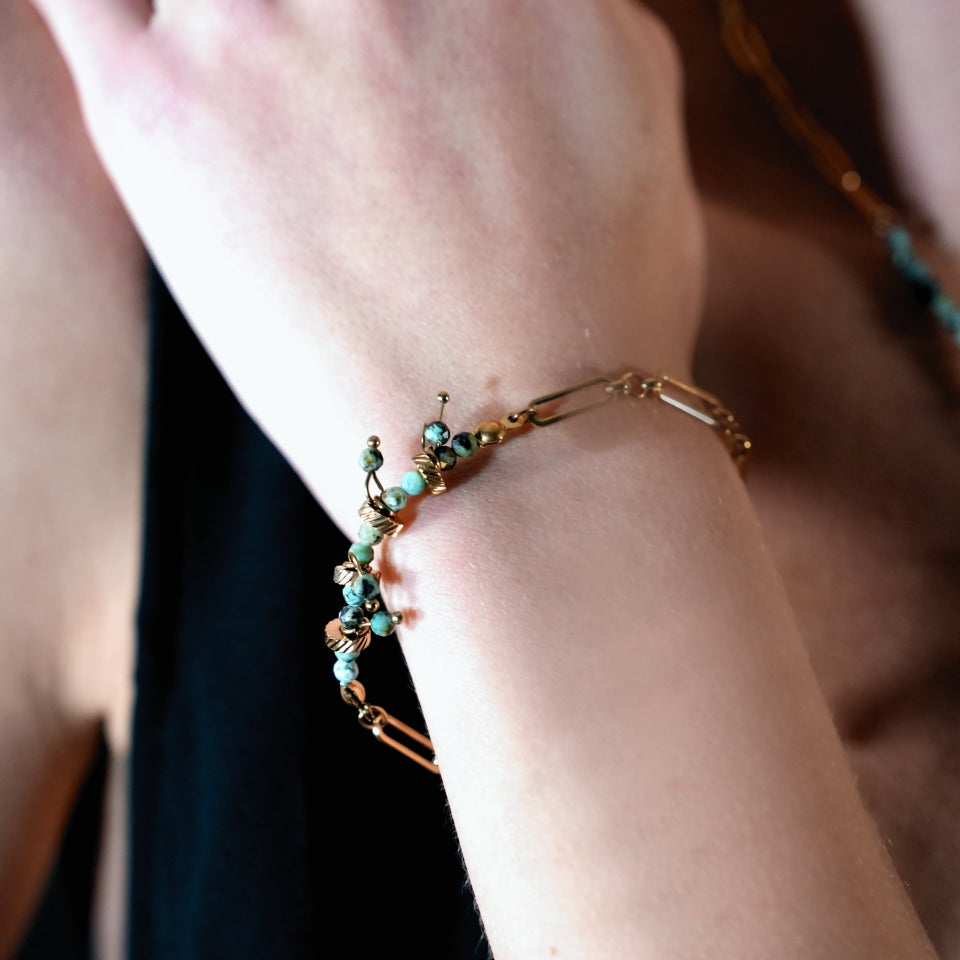 NANTES: Bracelet Chaîne & PIERRES Naturelles TURQUOISE AFRICAINE