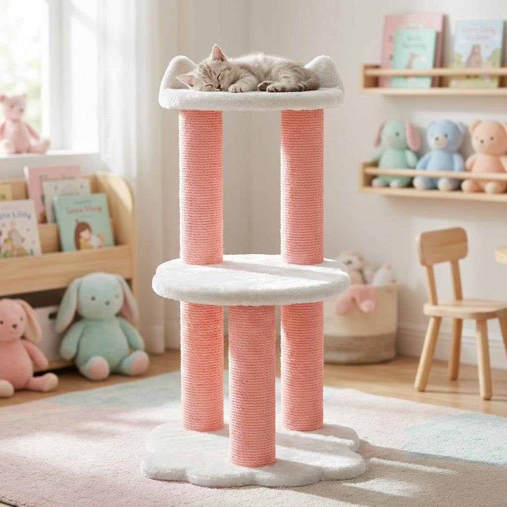 Détente – Arbre à chat à 2 niveaux – Fourrure synthétique blanche