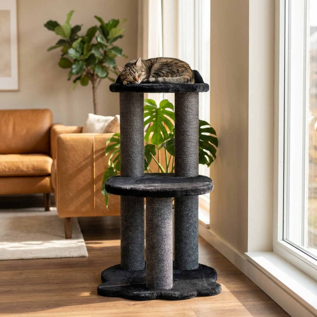 Détente - Arbre à chat à 2 niveaux - Fausse fourrure noire
