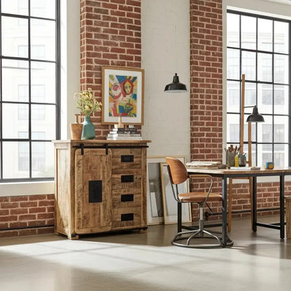 Farmhouse Wooden Mango Chest of Drawers with Sliding Door