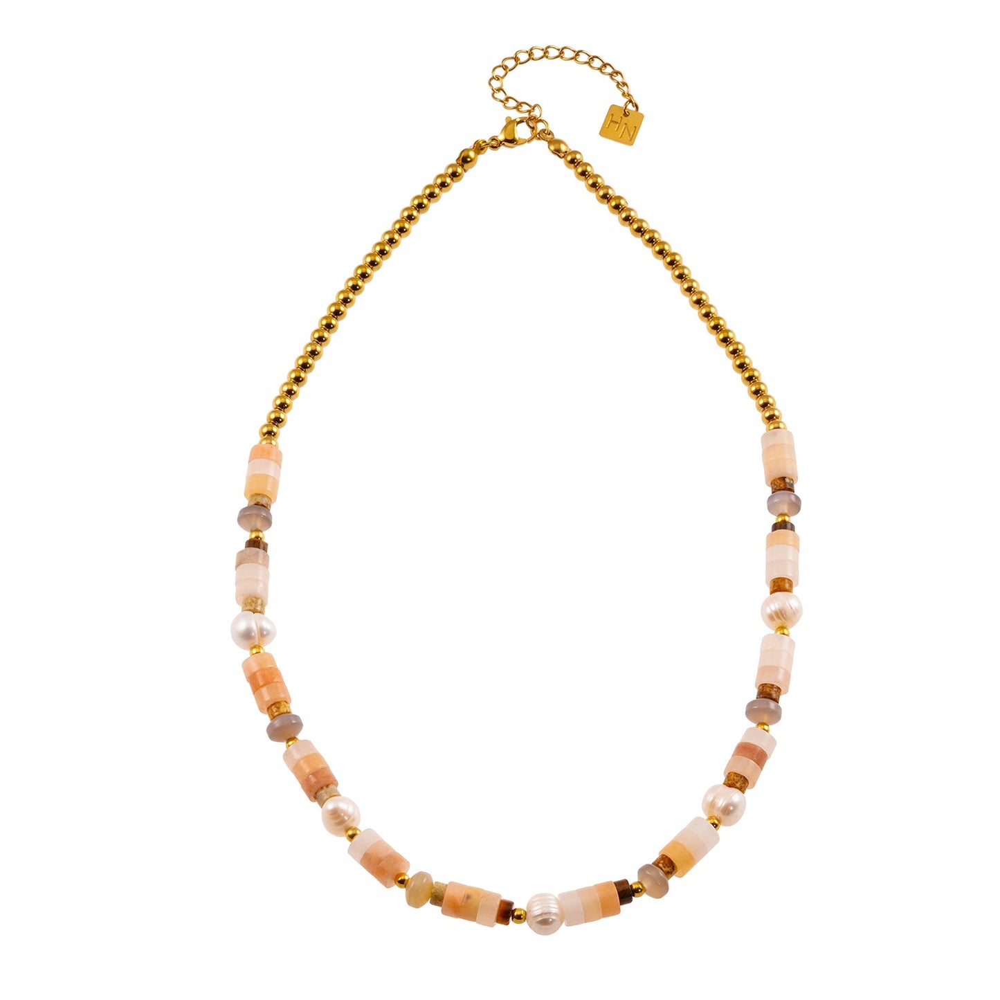 OSTIA : Collier en Calcédoine, Perles d'Eau Douce et Billes Dorées.