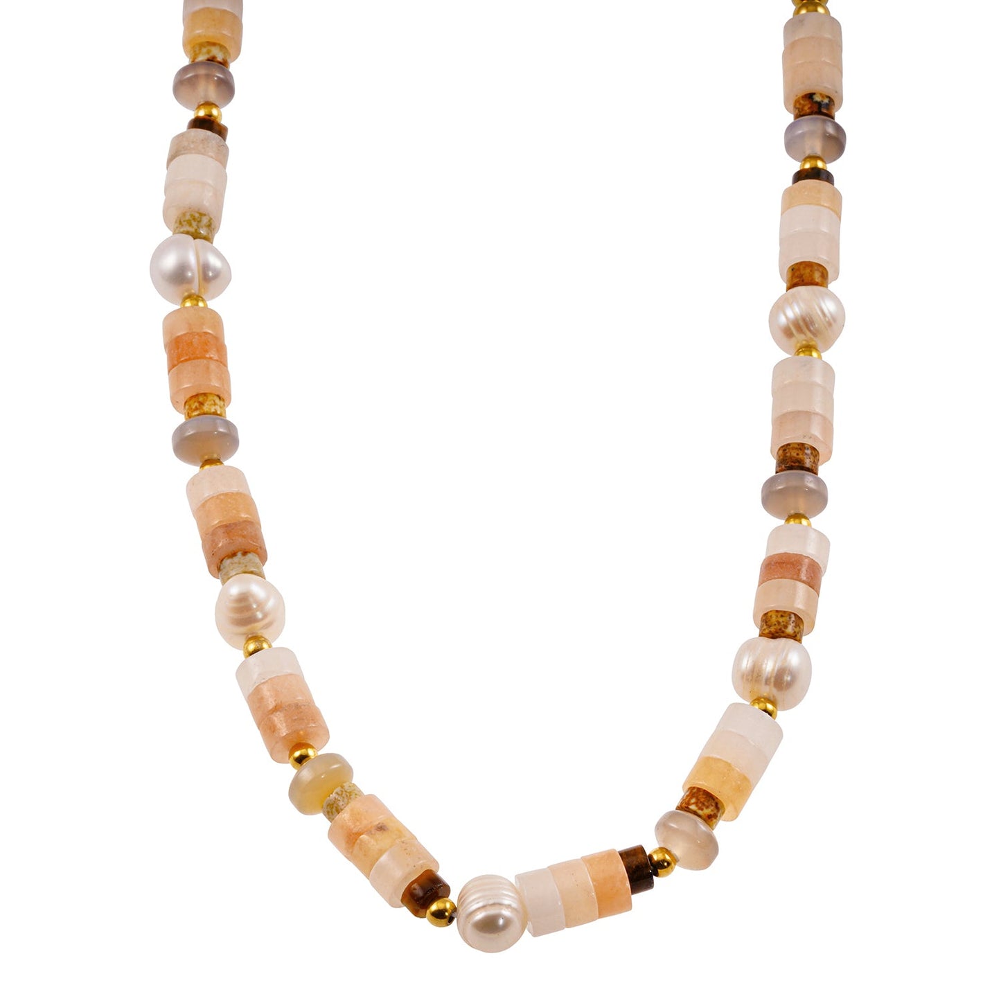 OSTIA : Collier en Calcédoine, Perles d'Eau Douce et Billes Dorées.