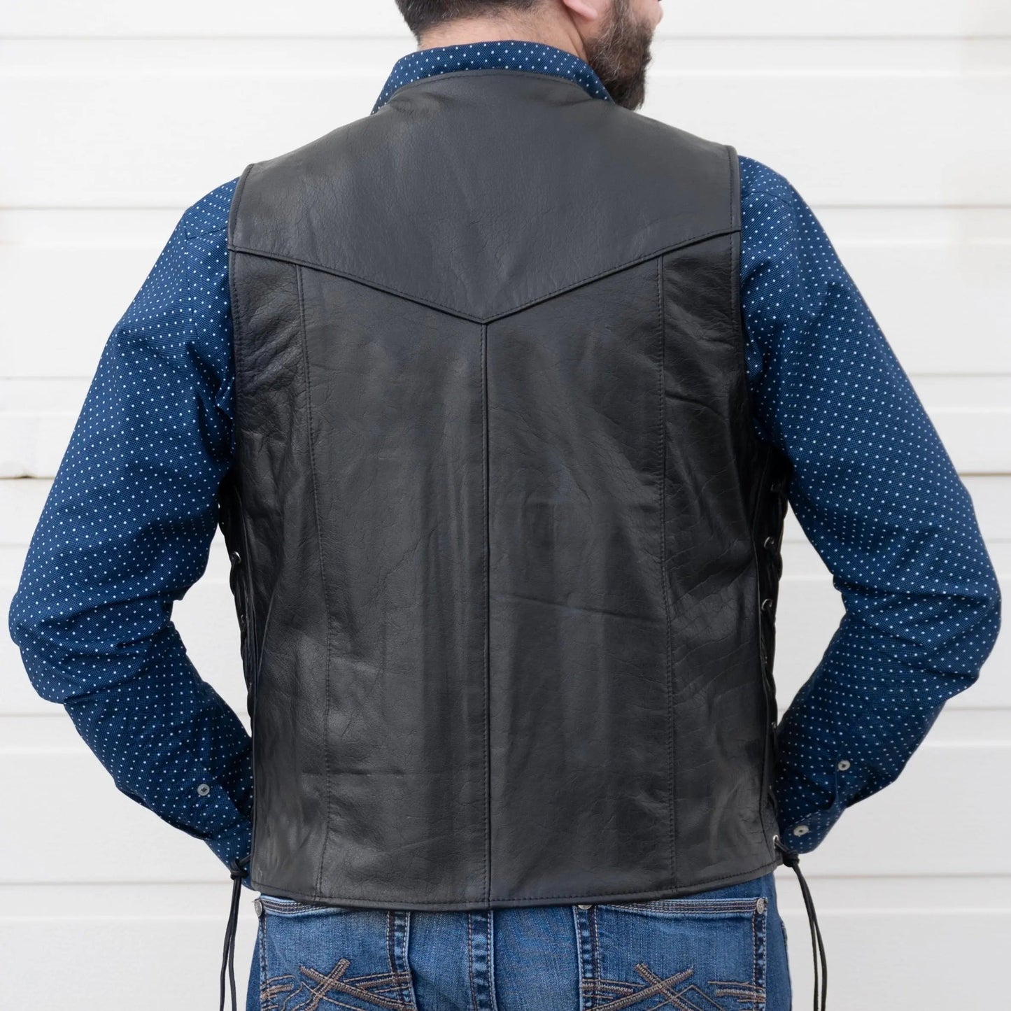 Gilet motard en cuir de buffle pour homme. Gilet à lacets latéraux ajustables