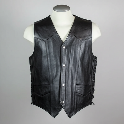 Gilet motard en cuir de buffle pour homme. Gilet à lacets latéraux ajustables