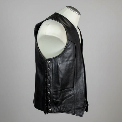 Gilet motard en cuir de buffle pour homme. Gilet à lacets latéraux ajustables