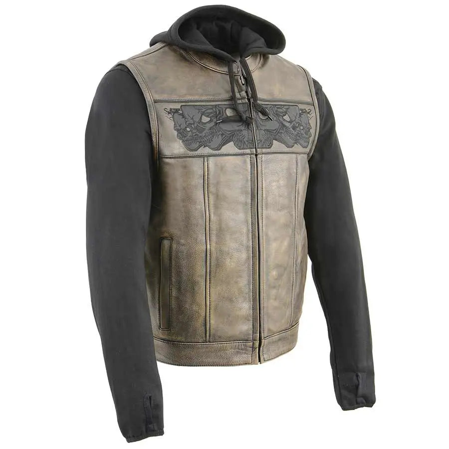 Gilet en cuir à capuche Open Road Skull pour hommes