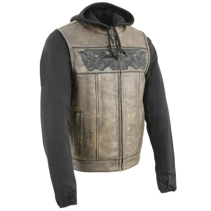 Gilet en cuir à capuche Open Road Skull pour hommes