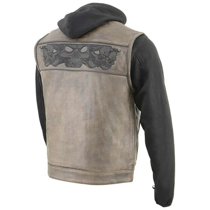 Gilet en cuir à capuche Open Road Skull pour hommes