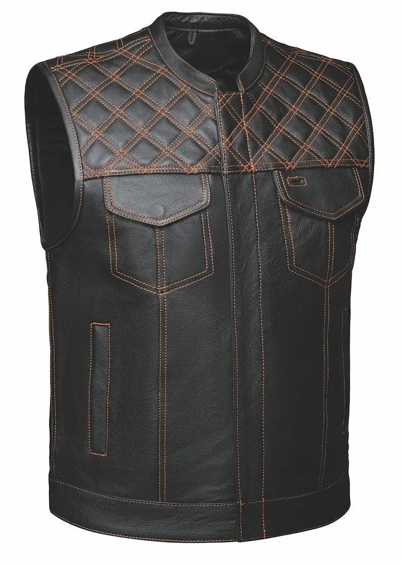 Gilet en cuir Open Road pour homme avec diamants orange surpiqués