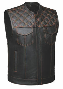 Gilet en cuir Open Road pour homme avec diamants orange surpiqués