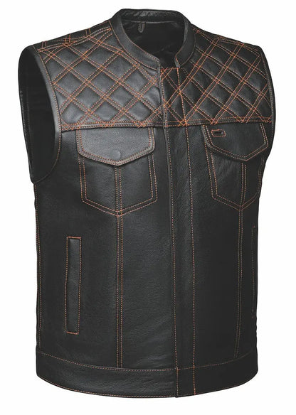 Gilet en cuir Open Road pour homme avec diamants orange surpiqués