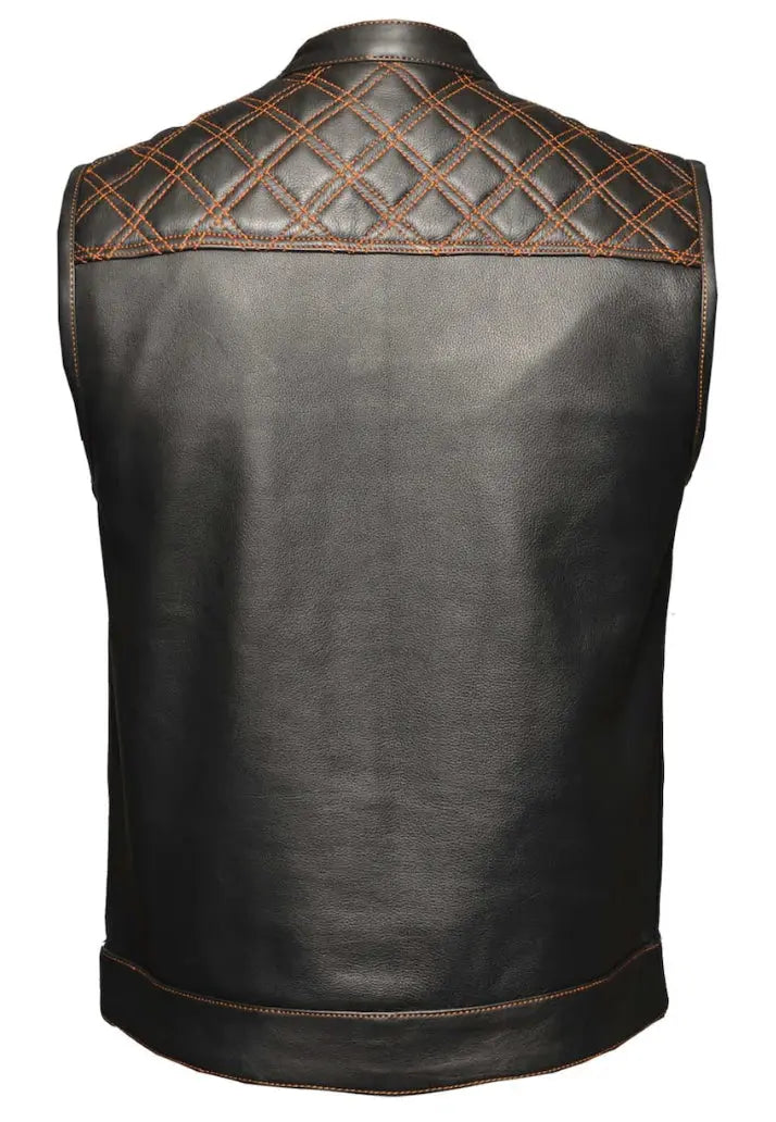 Gilet en cuir Open Road pour homme avec diamants orange surpiqués