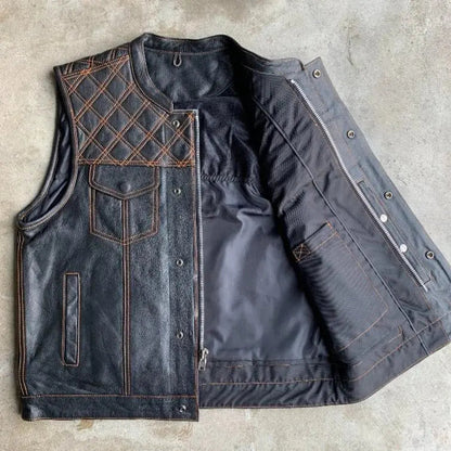 Gilet en cuir Open Road pour homme avec diamants orange surpiqués