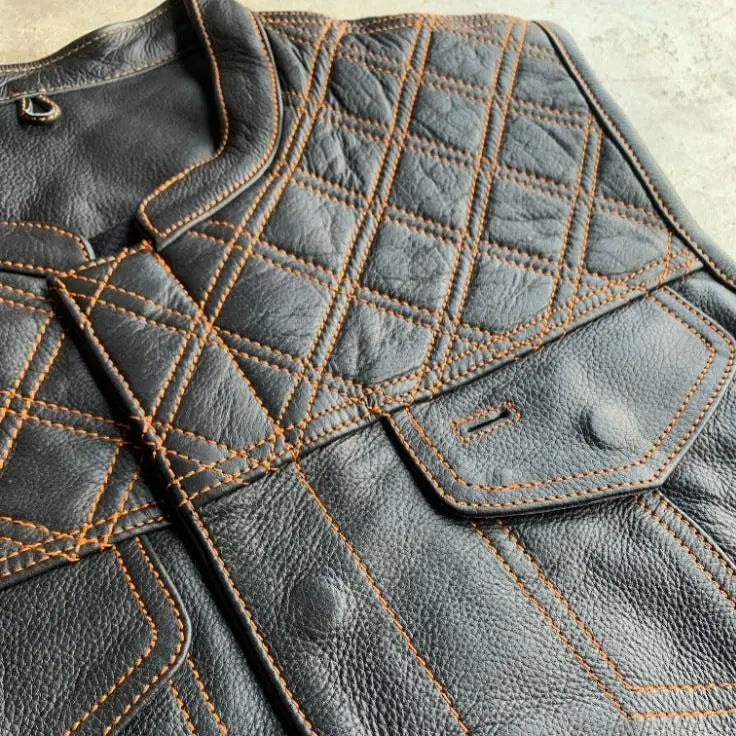 Gilet en cuir Open Road pour homme avec diamants orange surpiqués