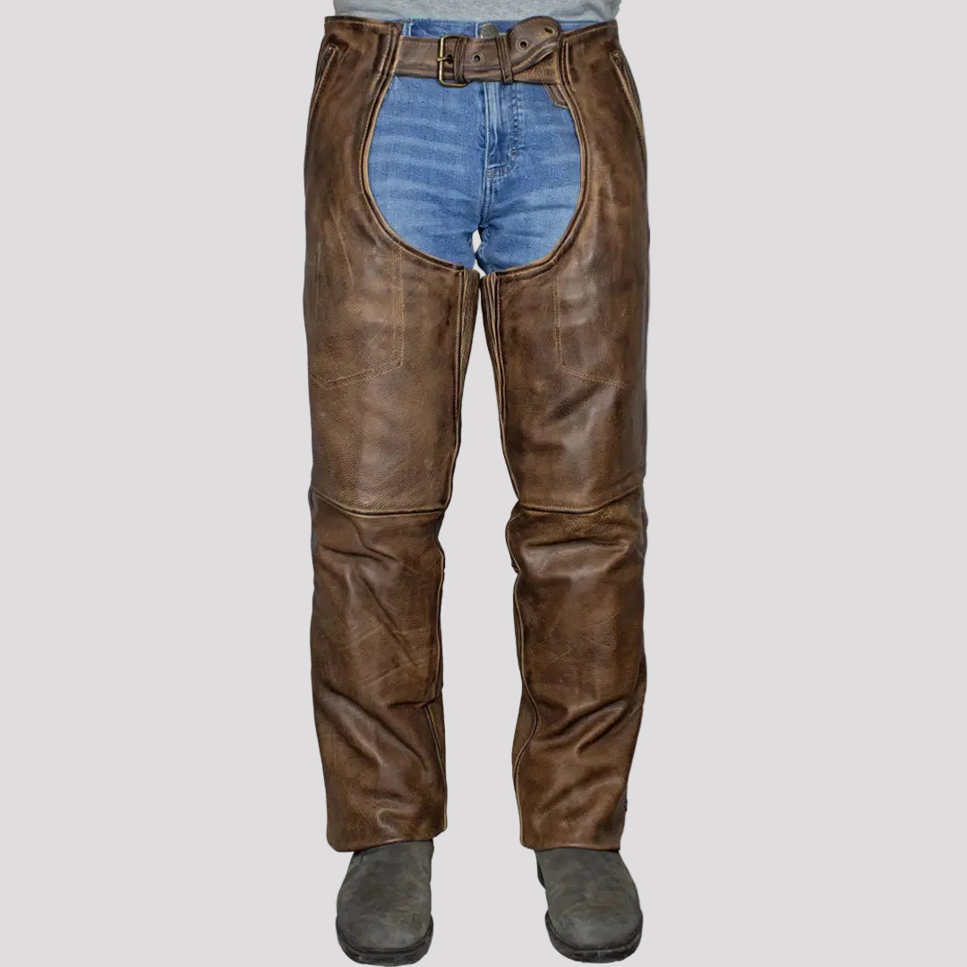 Jambières en cuir premium marron vintage 4 poches Open Road pour homme