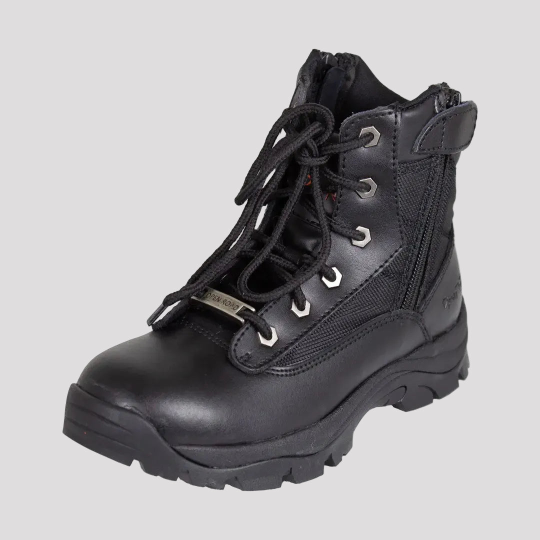 Bottes tactiques Open Road noires en cuir lacées pour femme avec fermeture éclair latérale