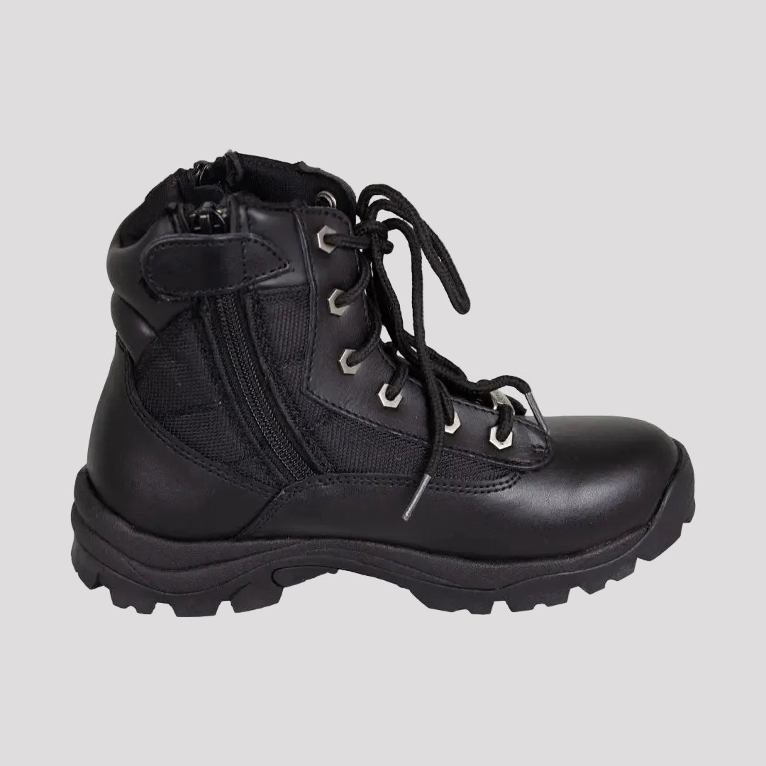 Bottes tactiques Open Road noires en cuir lacées pour femme avec fermeture éclair latérale