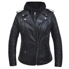 Veste de moto en cuir classique à capuche Open Road pour femmes
