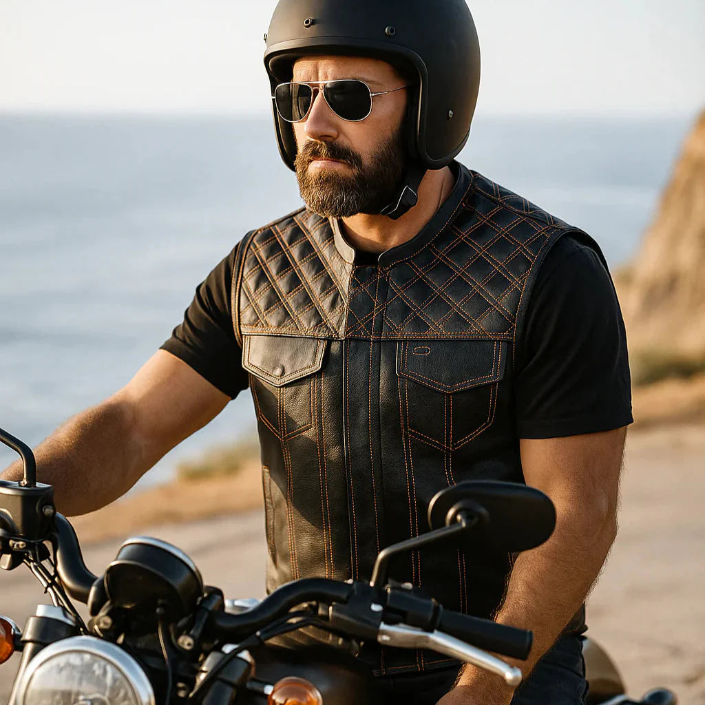 Gilet en cuir Open Road pour homme avec diamants orange surpiqués