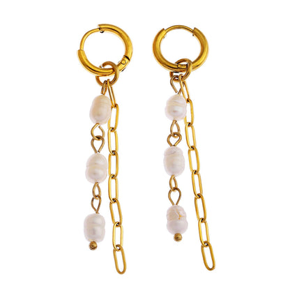Boucles d'oreilles pendantes AILIA Duo de chaînes reliées avec perles d'eau douce