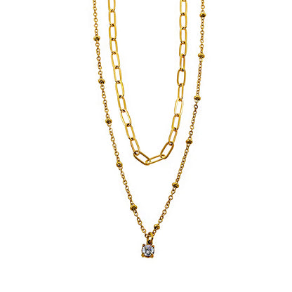 KATERI Gold: Pre-Layered Chains Necklace with a Solitaire Zirconia Charm Pendant