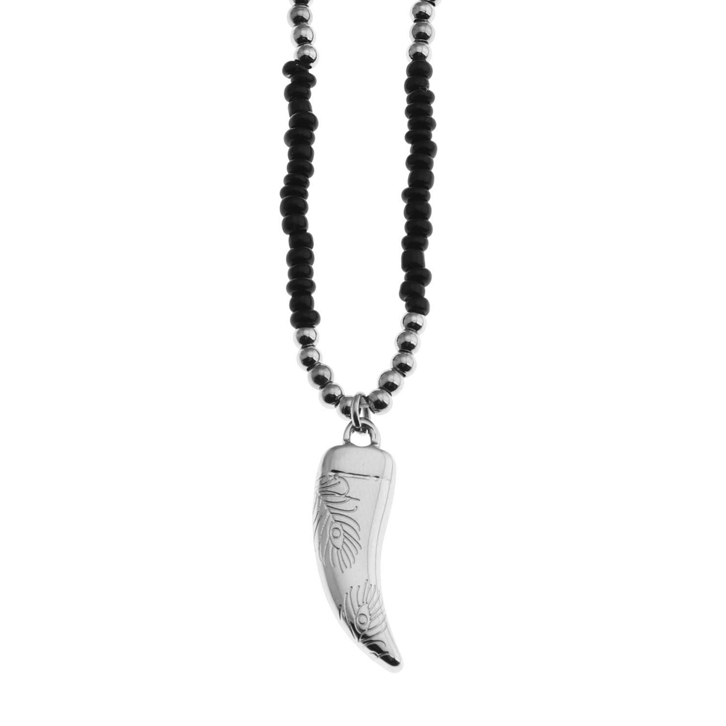 RITA Collier chaîne perlé noir et argent avec pendentif dent argent gravé