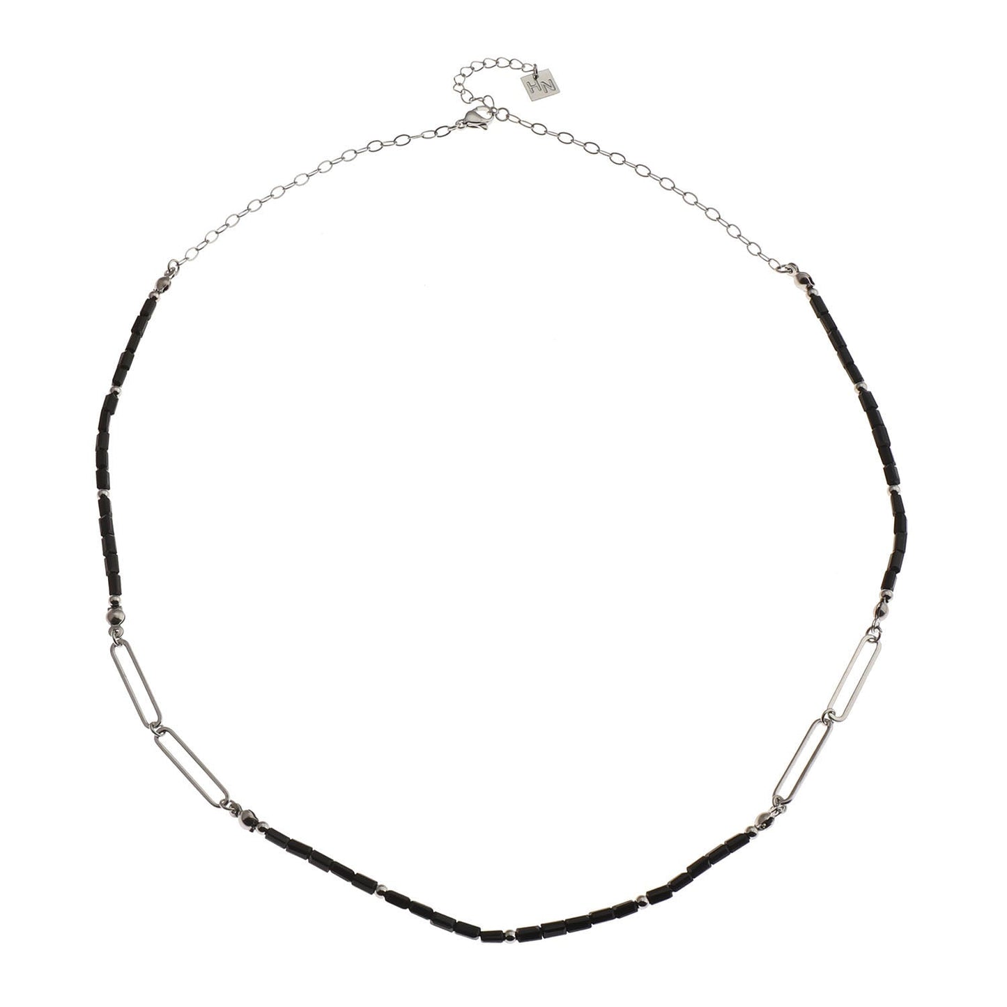 Collier LORENA en chaîne trombone avec perles noires et argentées