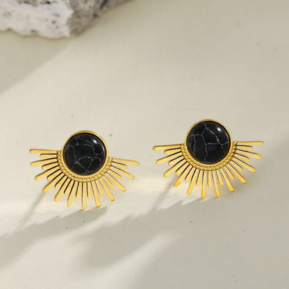 Boucles d'oreilles clous en pierre noire naturelle motif demi-soleil LOVISA