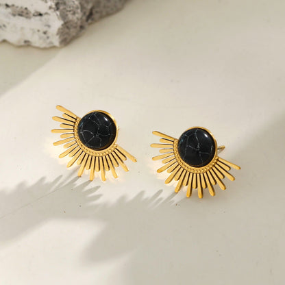 Boucles d'oreilles clous en pierre noire naturelle motif demi-soleil LOVISA
