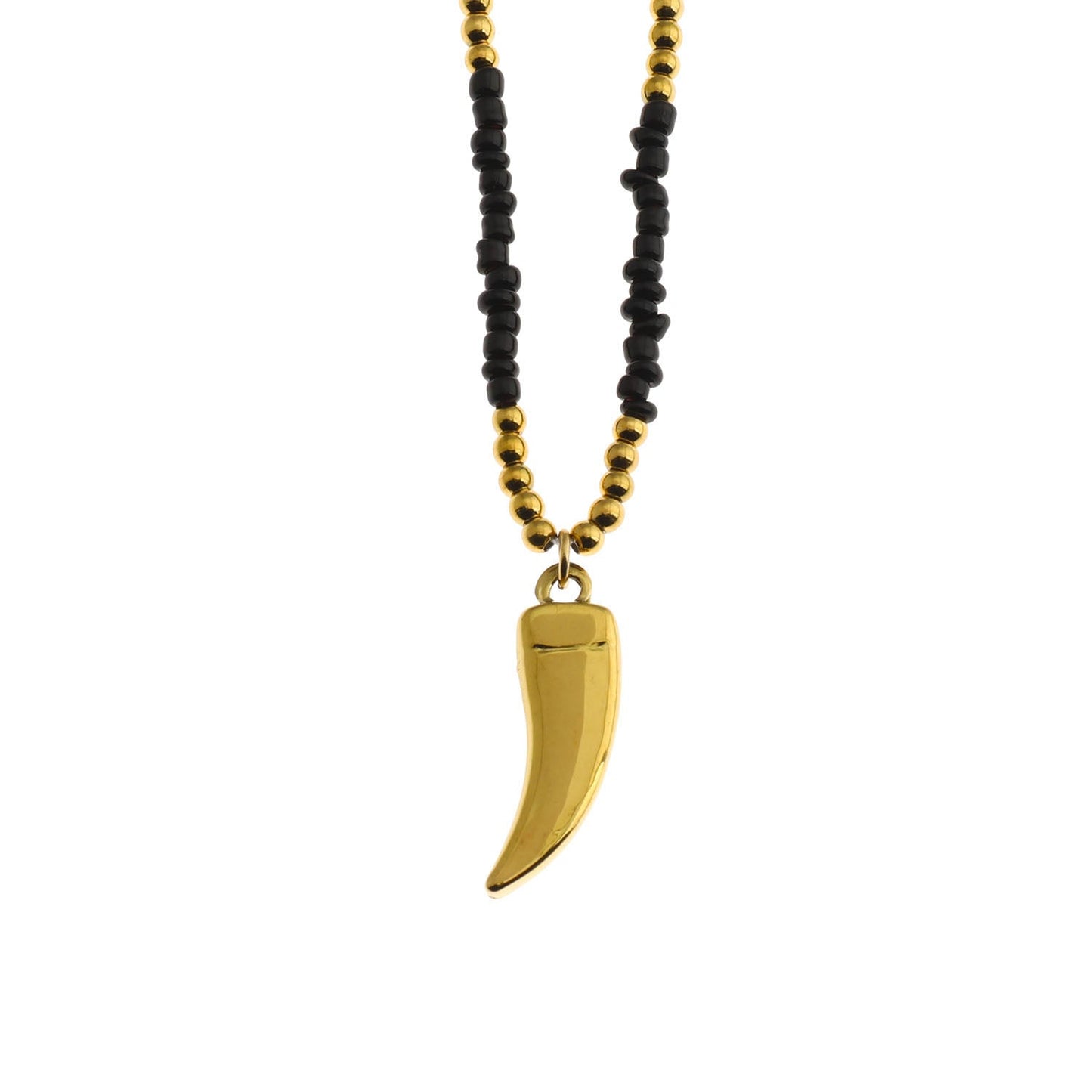 Collier chaîne RITA à perles noires et dorées avec pendentif dent gravée en or