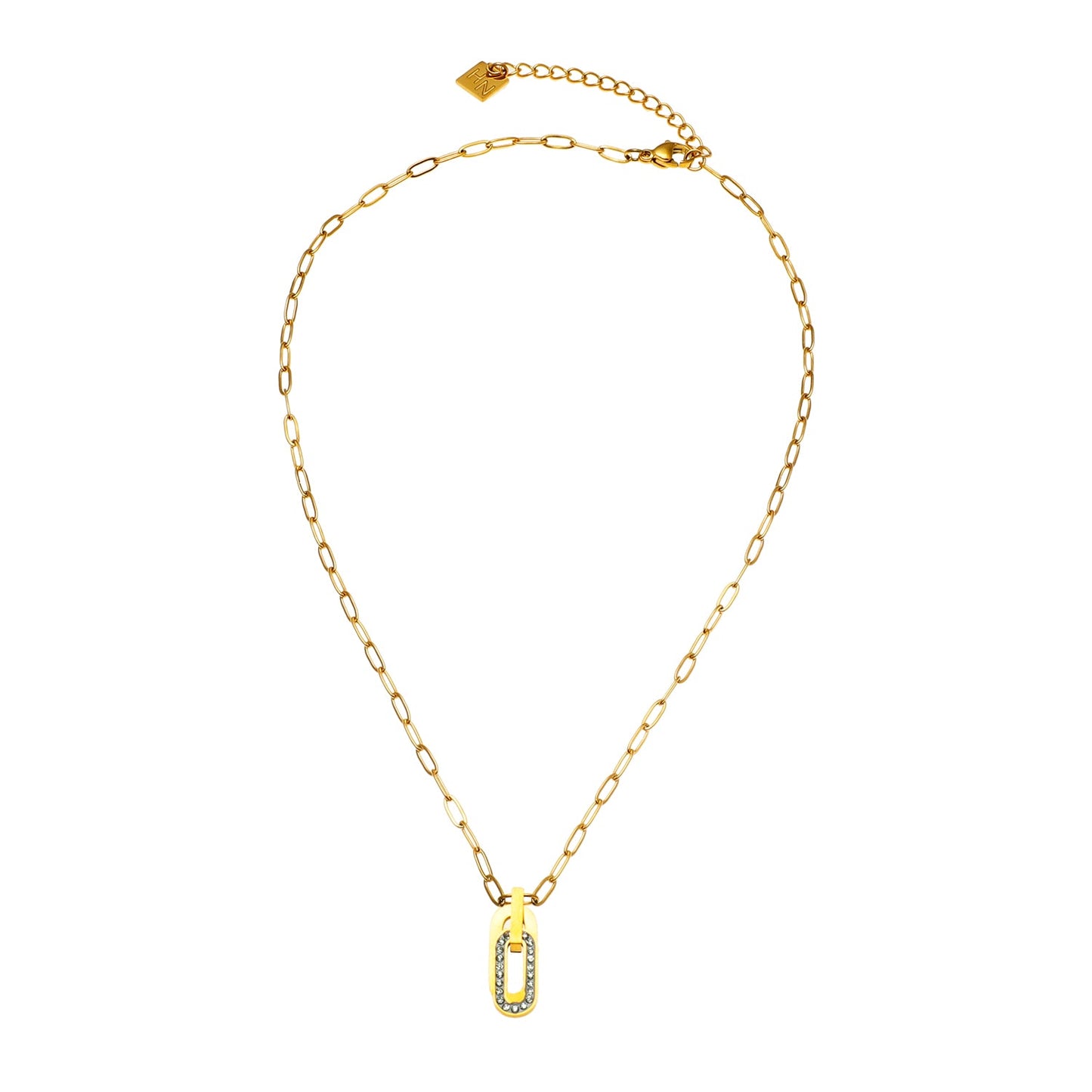 CHICALA : Collier à mailles trombone avec pendentif breloque ovale incrustée d'oxydes de zirconium