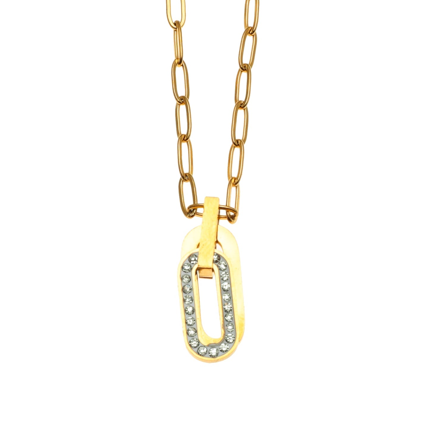 CHICALA : Collier à mailles trombone avec pendentif breloque ovale incrustée d'oxydes de zirconium