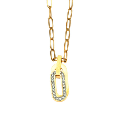 CHICALA : Collier à mailles trombone avec pendentif breloque ovale incrustée d'oxydes de zirconium
