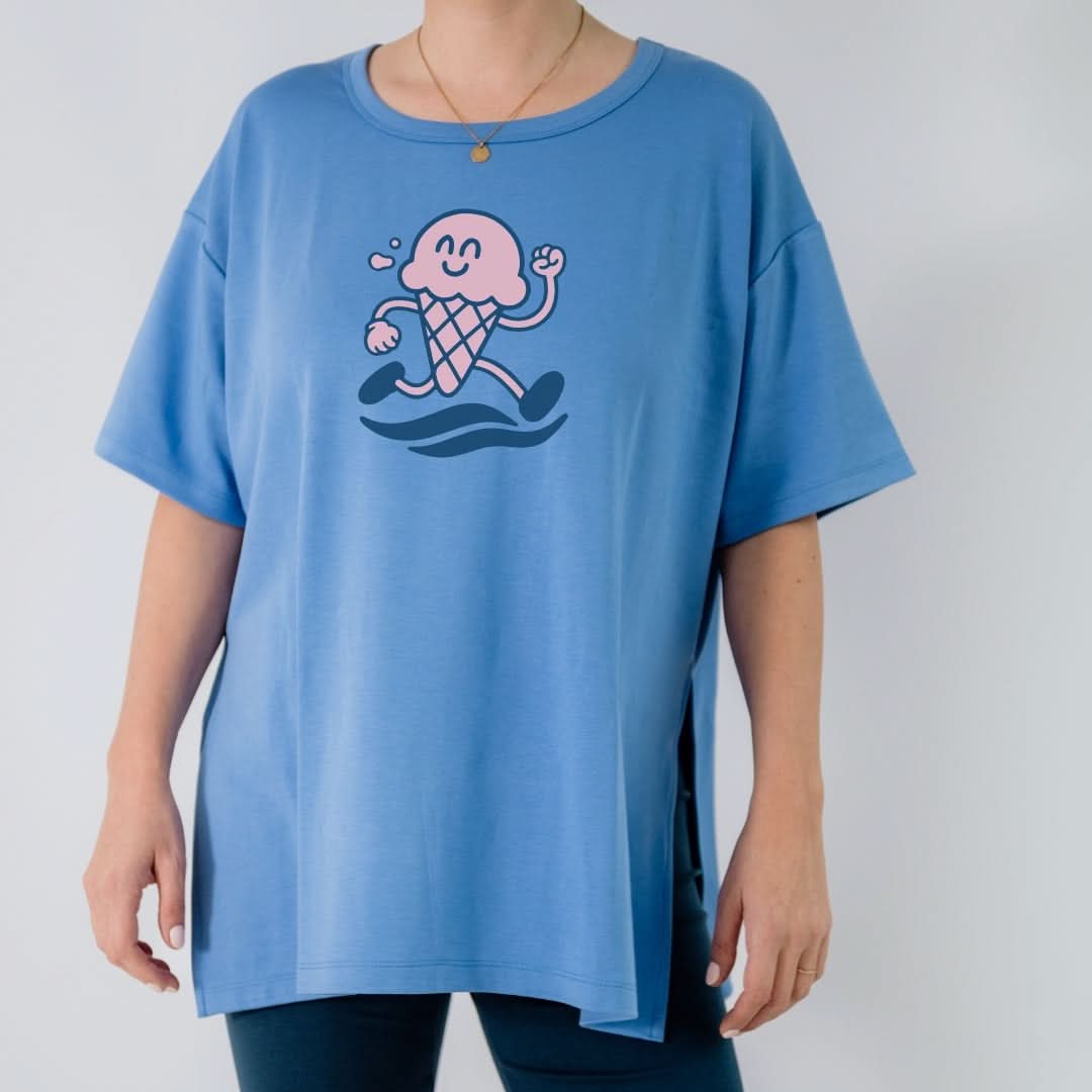 Ladies Bamboo Graphic Oversized T-Shirt | "Ice Cream Dash" On Tidal Blue