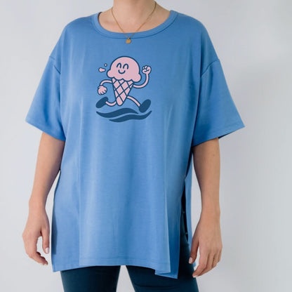 Ladies Bamboo Graphic Oversized T-Shirt | "Ice Cream Dash" On Tidal Blue