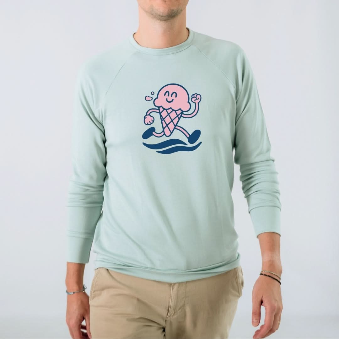 Adult Unisex/Men's Bamboo Graphic Raglan Pullover | "Happiness Comes In Waves" | Navy & Blue
