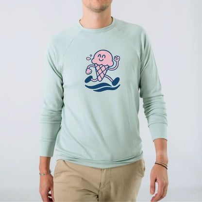 Adult Unisex/Men's Bamboo Graphic Raglan Pullover | "Happiness Comes In Waves" | Navy & Blue
