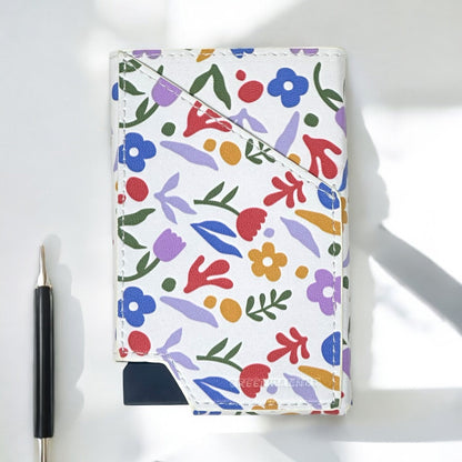 Porte-cartes Pop-Up Fin | Porte-cartes de crédit en aluminium à motif floral | Porte-cartes de crédit minimaliste anti-RFID à éjection automatique