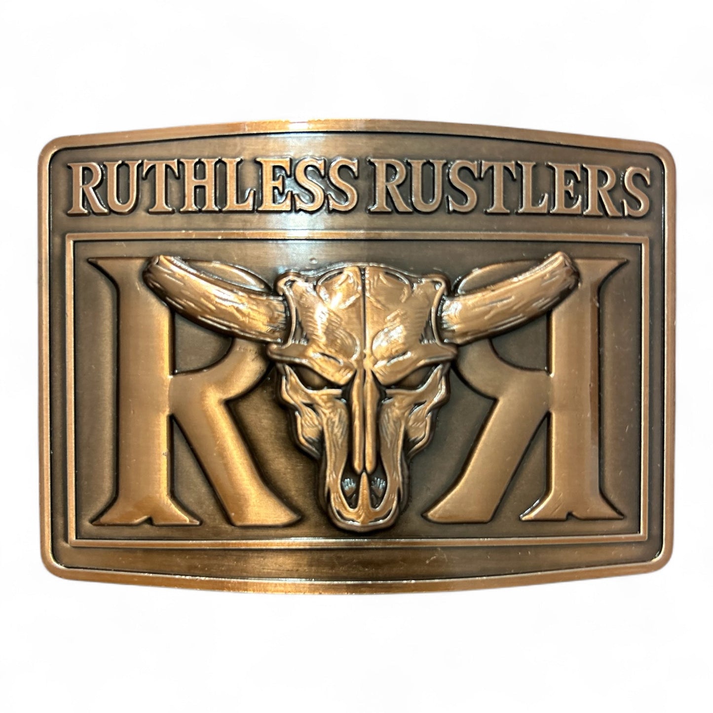 Boucle de ceinture audacieuse Ruthless Rustlers RR | Cuivre antique