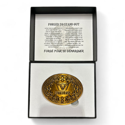 Ruthless Rustlers Iron Grace Belt Buckle | Antique Gold